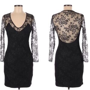 EXPRESS V Cut Long Sleeve Cocktail Dress With Lace Overlay Black Size Small